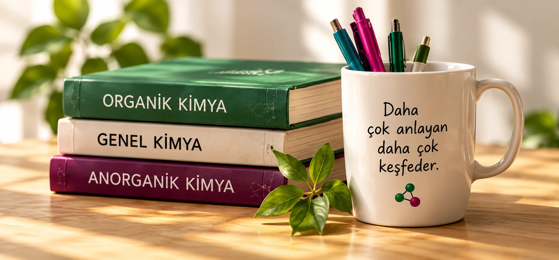 Kimya kitapları ve kalemlerle dolu beyaz bir kupa